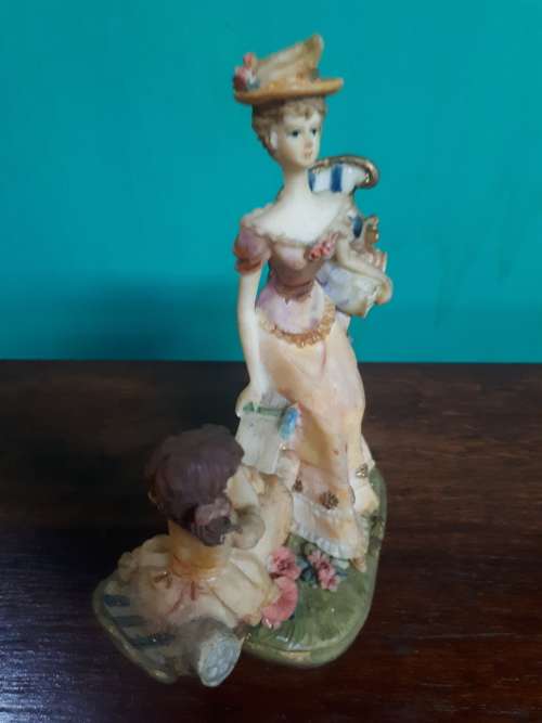 Vintage Handpainted Resin Figure of Lady And Young Girl