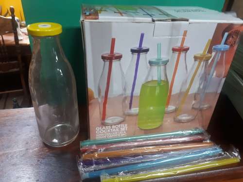 6pc Glass Bottle Cocktail Set With Straws
