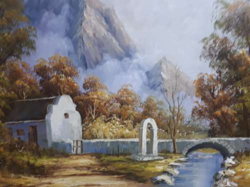 Stunning Vintage Oil On Board, Mountains, Stream @ Cottage