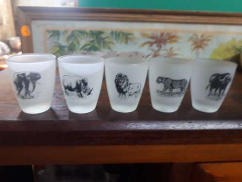 Set of Five `Big Five` Frosted Shot Glasses