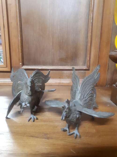 Pair Vintage Brass Fighting Cocks