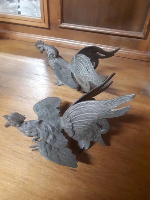 Pair Vintage Brass Fighting Cocks
