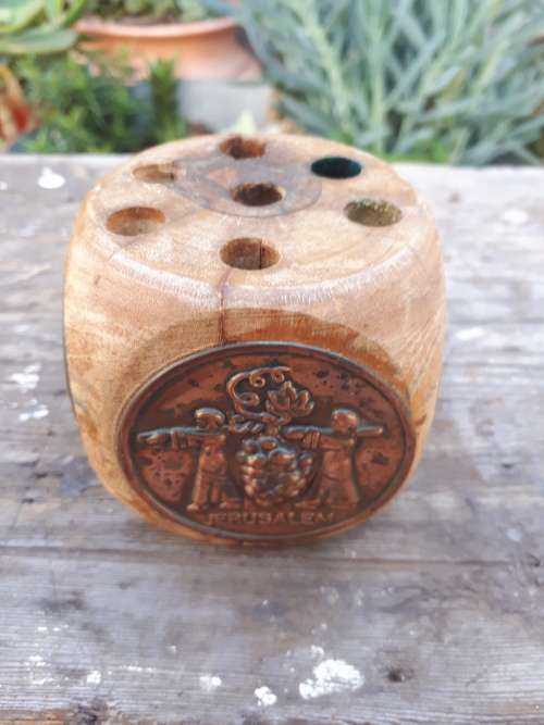 Vintage Israeli Wooden Pen Holder With Four Copper Plaques On Sides