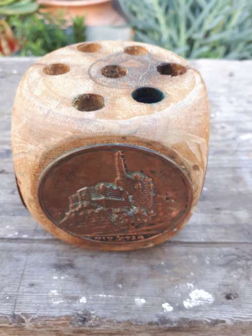 Vintage Israeli Wooden Pen Holder With Four Copper Plaques On Sides