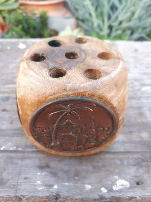 Vintage Israeli Wooden Pen Holder With Four Copper Plaques On Sides