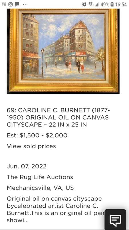 American Artist Caroline C. Burnett (1877-1950) Large Oil on Board Paris Street Scene