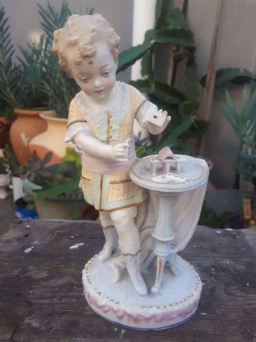 Stunning Vintage Handpainted Ceramic Figure Of Boy And Card Table With Anchor Hallmark
