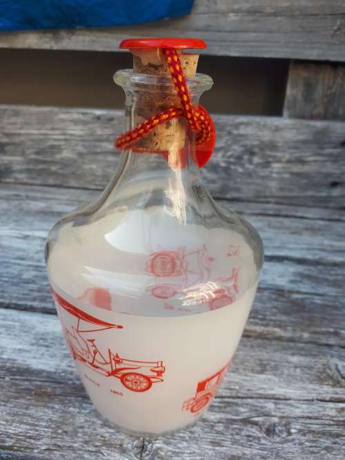French Glass Decanter Depicting Old Vehicles From 1898 - 1910
