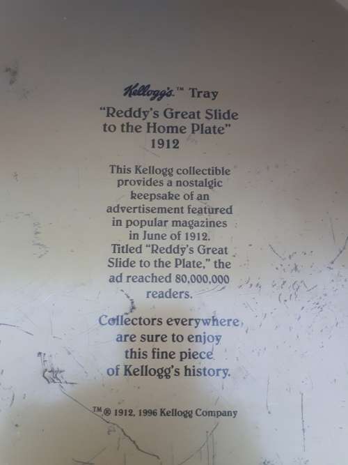 Kelloggs Enamel Collectors Tray `Reddys Great Slide to the Home Plate`