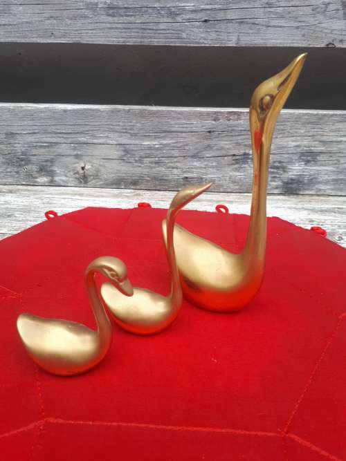 Set of Three Vintage Brass Swans
