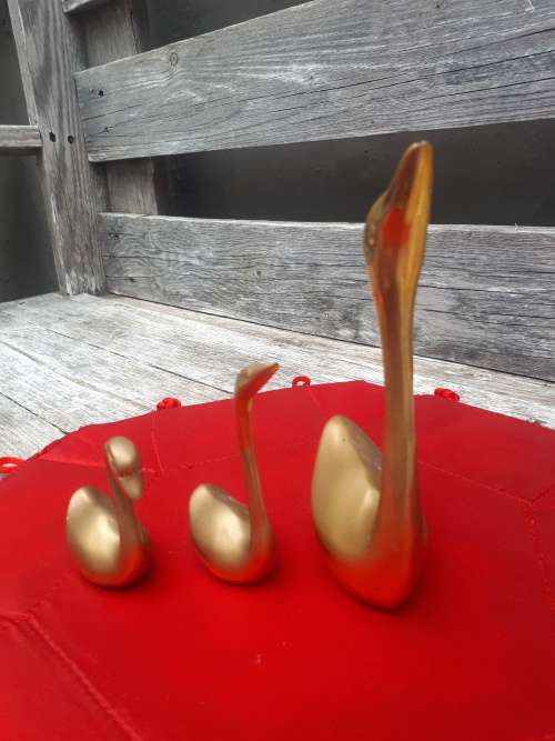 Set of Three Vintage Brass Swans