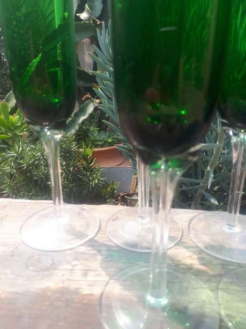 Set of Six Stunning Fluted Emerald Green Champagne Glasses