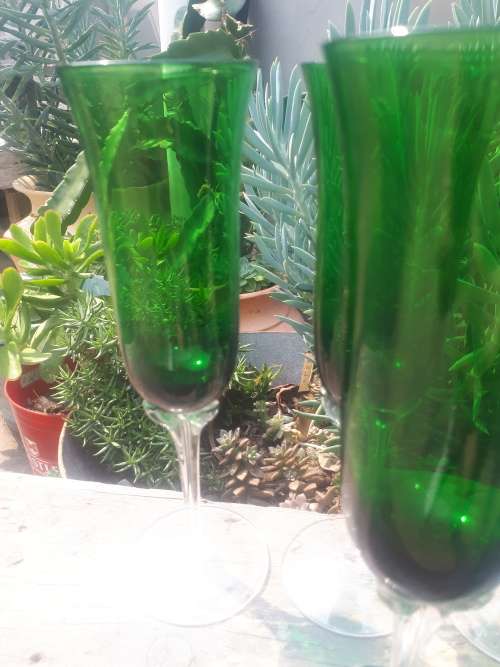 Set of Six Stunning Fluted Emerald Green Champagne Glasses