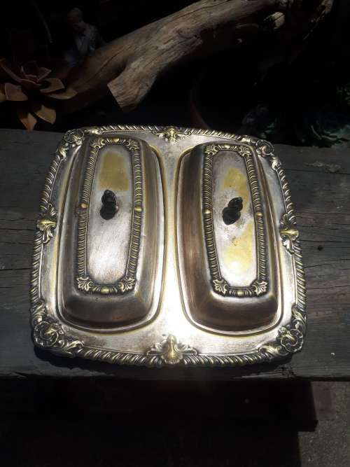 Vintage Plated Double Sided Jam / Butter Dish With Glass Inlays