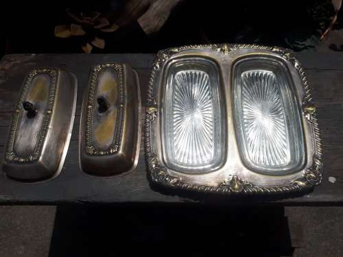 Vintage Plated Double Sided Jam / Butter Dish With Glass Inlays