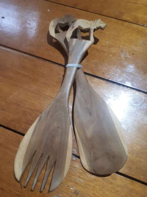 Handcarved Lion Themed Wooden Salad Servers