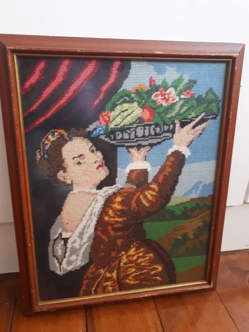 Vintage Glass Framed Tapestry `Lady`