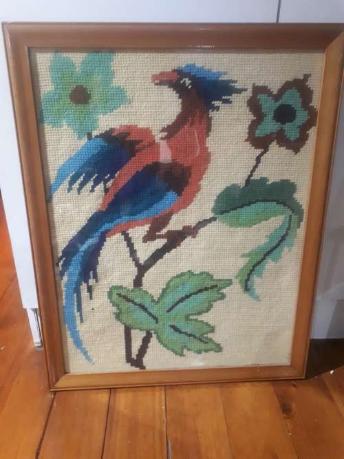 Large Glass Framed Vintage Tapestry `Parrot`