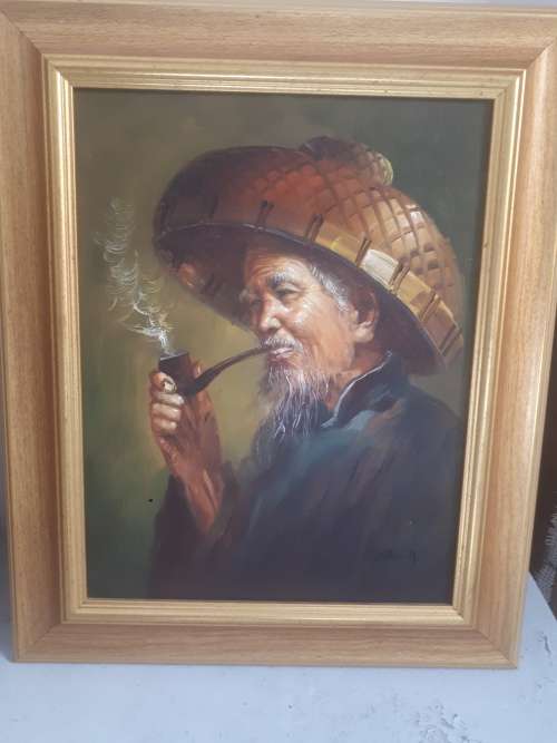 Stunning Reproduction of Chinese Artist H. Cheang (1910 - 198 ?) Old Man Smoking Opium Pipe