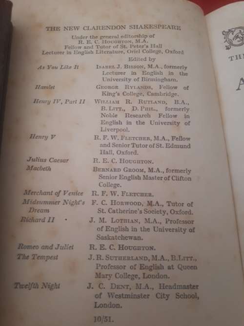 Circa 1953 The New Clarendon Shakespeare As You Like It Clothcover