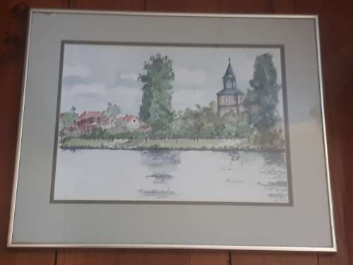 Stunning Framed Watercolor `Church & River` Signed Thast Volker 80`