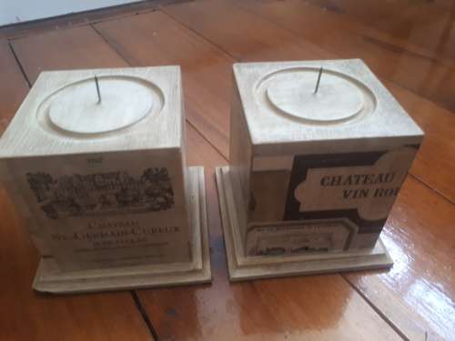 2 x Wooden Decorated Candle Holders