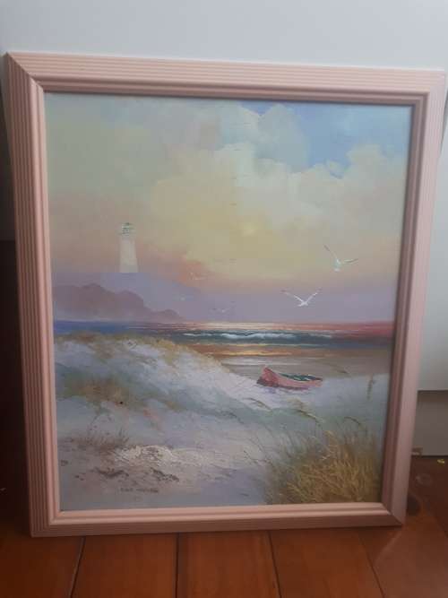 Famous German Artist Karl Neumann 1891 - 1985 Oil On Board `Seascape with Lighthouse` - Signed