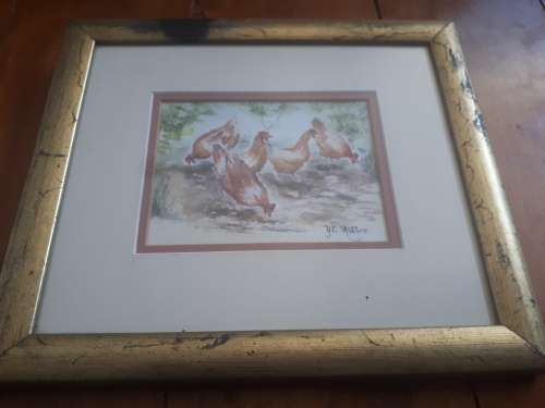 Glass Framed Watercolor `Hens` by SA Artist Y.C. Muller