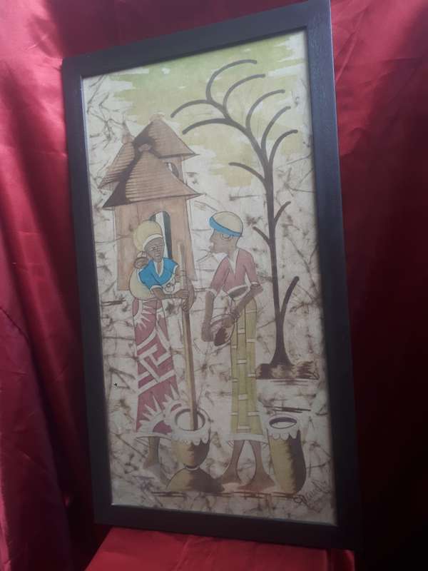 Stunning Glass Framed Watercolour on Canvas `Ethnic Ladies` Signed