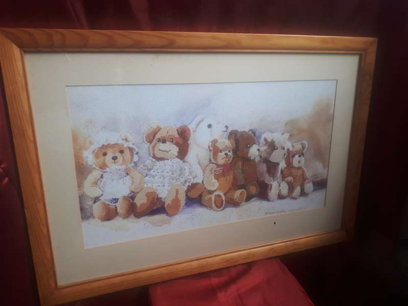 Teddy Bear Parade Glass Framed Embroidery by Dawna Barton 1986