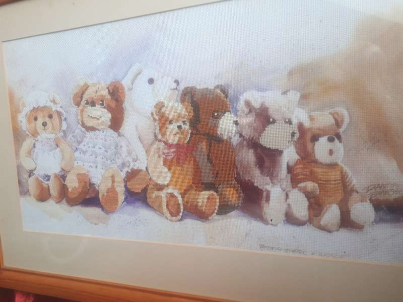Teddy Bear Parade Glass Framed Embroidery by Dawna Barton 1986