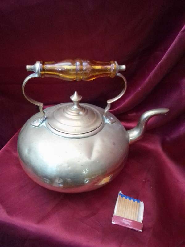 Rare 1940`s J.C.B Birmingham Hammered Brass Kettle With Amber Glass Handle