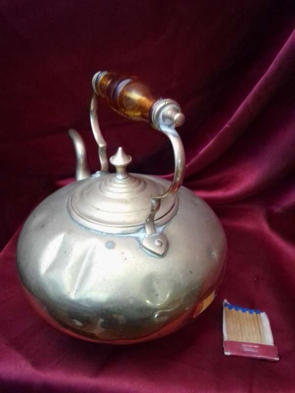 Rare 1940`s J.C.B Birmingham Hammered Brass Kettle With Amber Glass Handle