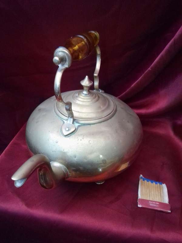 Rare 1940`s J.C.B Birmingham Hammered Brass Kettle With Amber Glass Handle