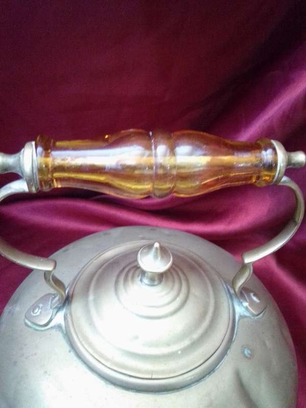 Rare 1940`s J.C.B Birmingham Hammered Brass Kettle With Amber Glass Handle