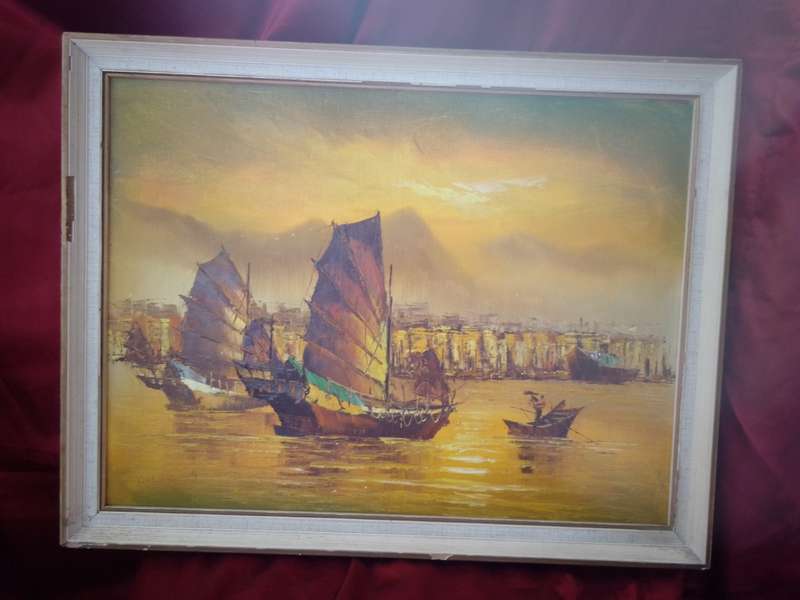 Beautiful 1960`s Oil on Board `Chinese Junk` Hong Kong - Signed