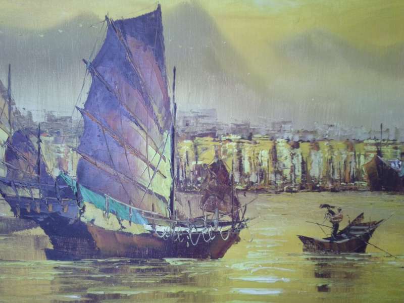 Beautiful 1960`s Oil on Board `Chinese Junk` Hong Kong - Signed