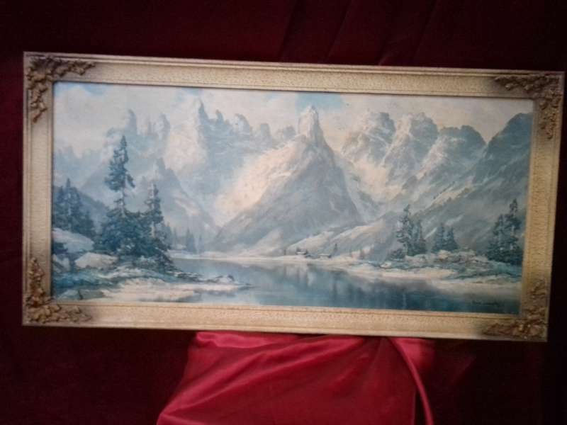 Famous German Artist Arno Lemke (1916-1988) Landscape Print in Original 1940``s Ornate Frame