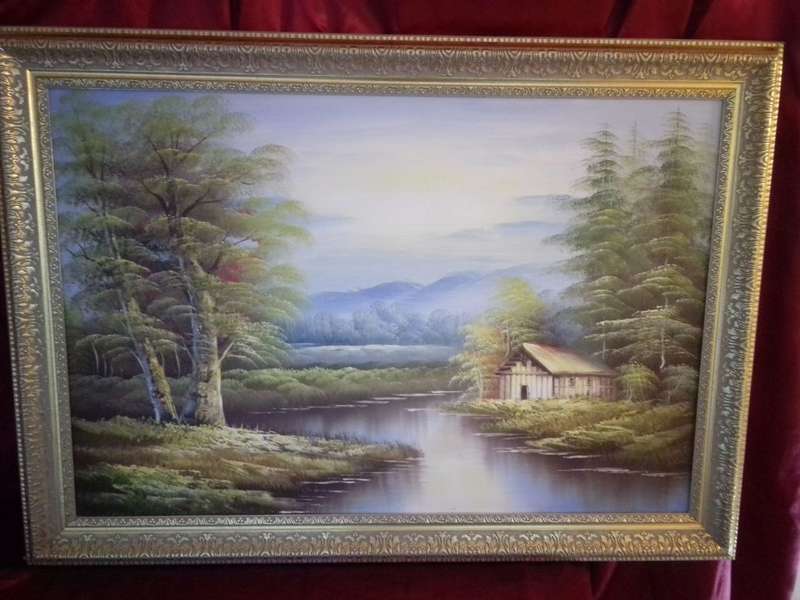 20th Century American Artist Alan Walters Oil on Board `River with Barn` In Gold Gilt Frame