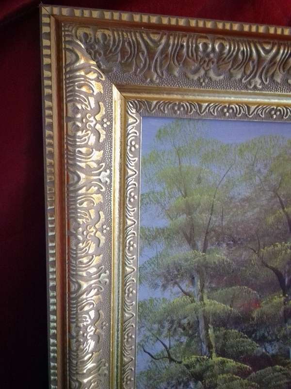 20th Century American Artist Alan Walters Oil on Board `River with Barn` In Gold Gilt Frame
