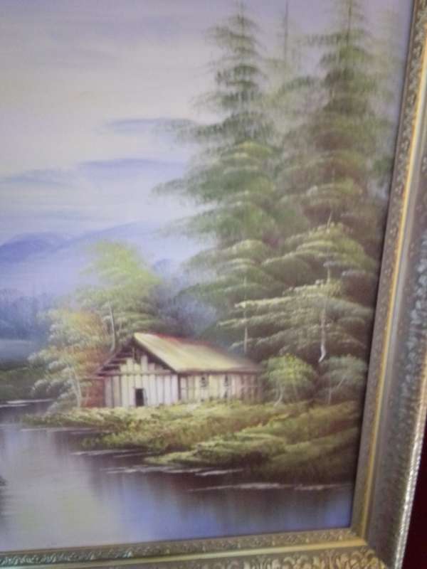 20th Century American Artist Alan Walters Oil on Board `River with Barn` In Gold Gilt Frame