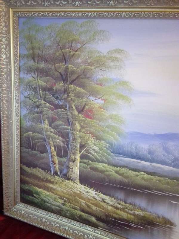 20th Century American Artist Alan Walters Oil on Board `River with Barn` In Gold Gilt Frame