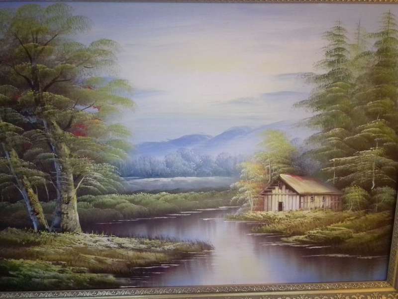 20th Century American Artist Alan Walters Oil on Board `River with Barn` In Gold Gilt Frame