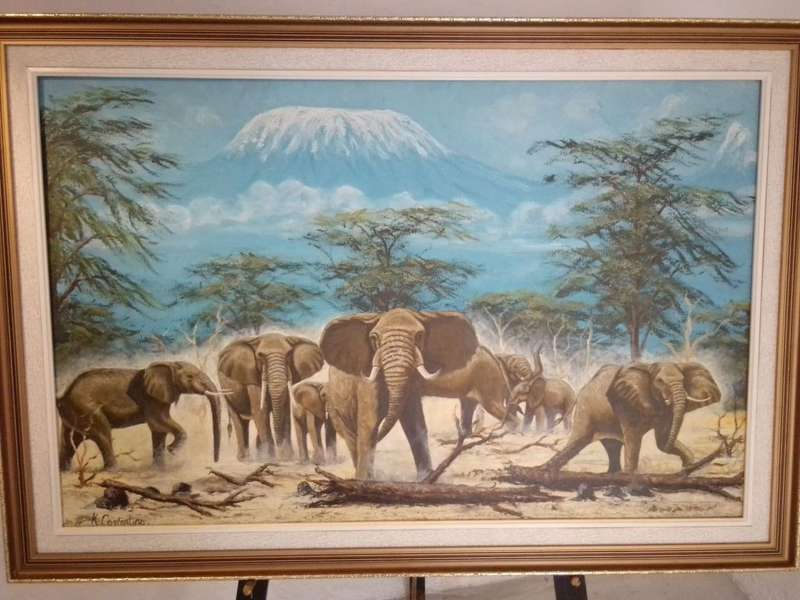 Italian Artist K. Costentino 20th-C Oil on Board `African Elephants` Signed