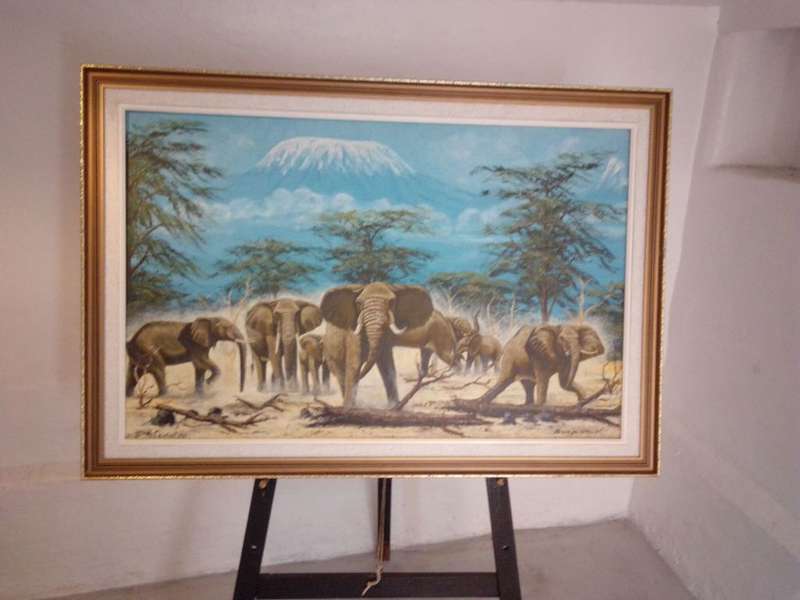 Italian Artist K. Costentino 20th-C Oil on Board `African Elephants` Signed