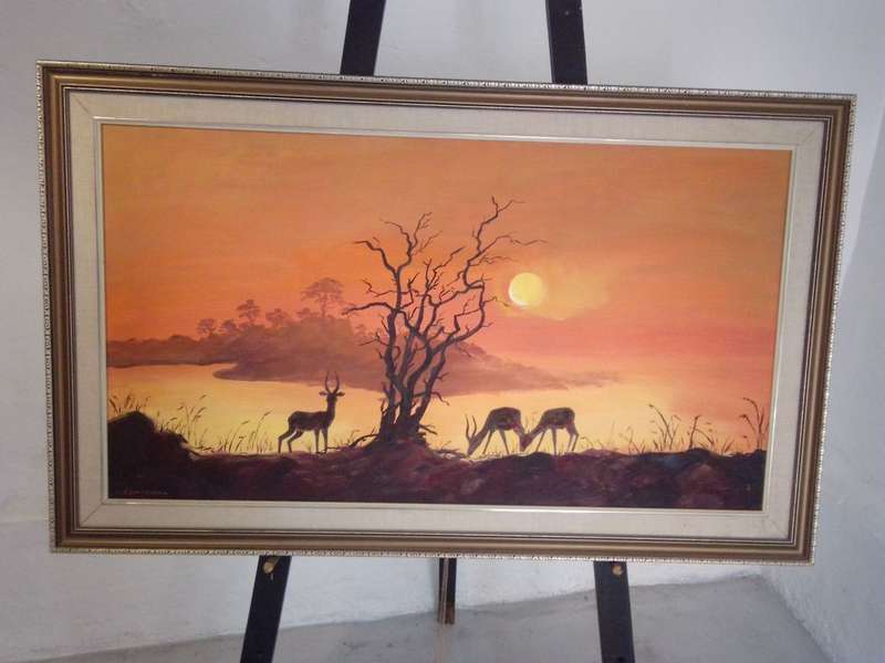 Stunning oil on Board by Popular 20th-C SA Artist A. MacGregor `Sunset In The Kruger park` - Signed
