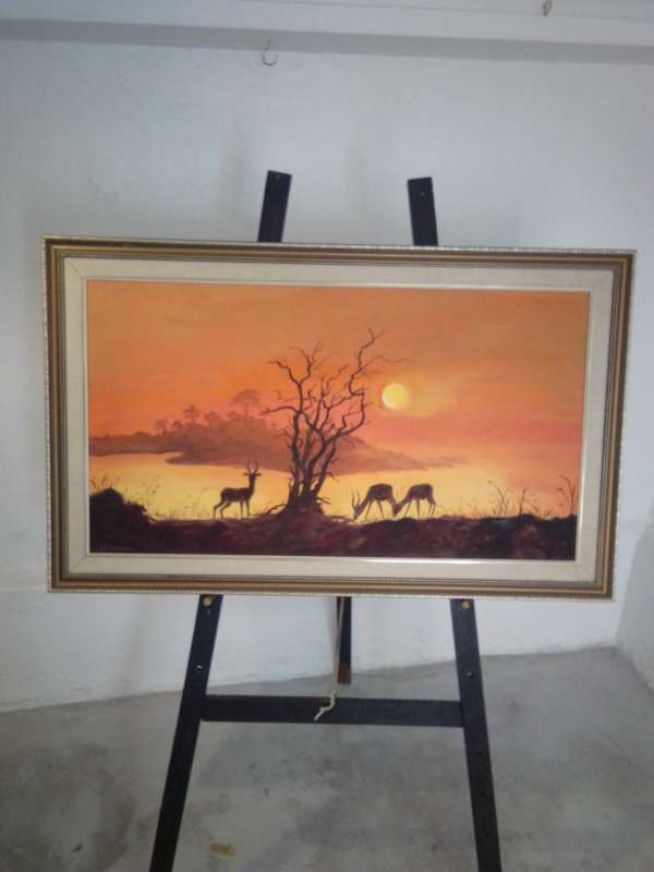 Stunning oil on Board by Popular 20th-C SA Artist A. MacGregor `Sunset In The Kruger park` - Signed