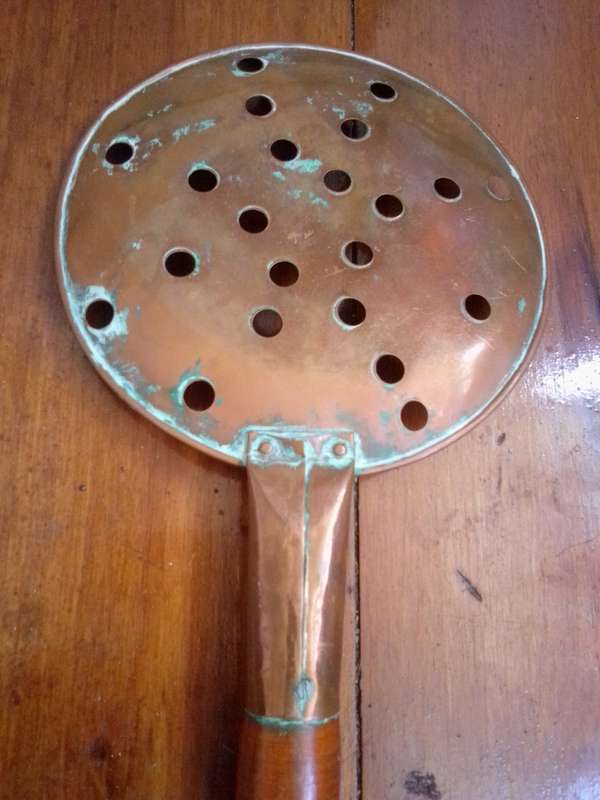 Vintage Copper Skimmer With Wooden Handle