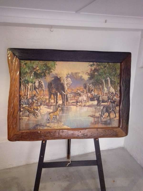 Rinus Muller SA Artist 1941 - 2004 Oil On Board Sleeper Wood Frame - Signed `The Waterhole`