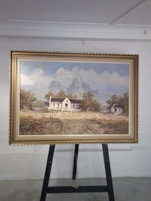 Renowned 20th-C SA Artist Paul Ascot Oil on Board `Farmhouse & Mountains Signed